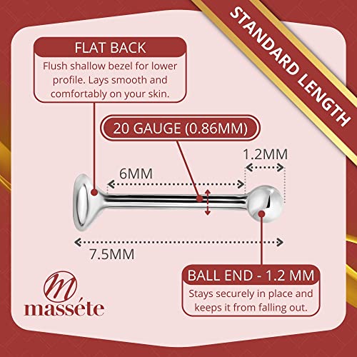 Massete 18k 14k Gold Nose Ring - 20g Nose Stud, Hypoallergenic Threadless Piercings for Women Men, Yellow White Rose Real Gold Standard or Long Nose Rings Studs, CZ or Ball Nose Piercing Jewelry - color: Simulated Diamond & Ball - 14k White Gold - 2 Pack,