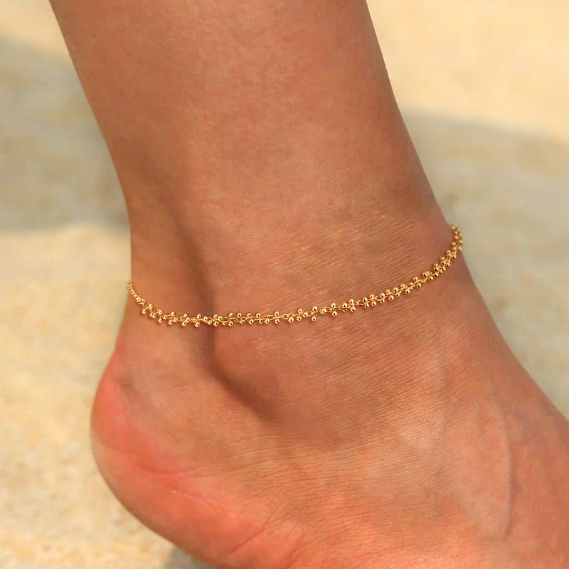 MEVECCO Anklet for Women Gold Chain 14K Gold Plated Dainty Boho Beach Summer Simple Foot Jewelry Ankle Bracelet - style: Ball Cluster
