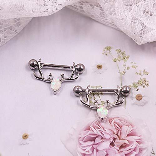 2PCS 14G 316L Stainless Steel Opal Nipple Rings Deer Head Nipple Barbell Nipple Piercings Jewelry for Women - color: silver