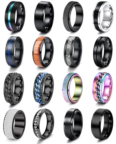Besteel 16Pcs Stainless Steel Band Rings for Men Women Fidget Anxiety Relief Rings Cool Chain Beveled Edges Celtic Black Band Spinner Rings Set for Wedding Promise Mens Rings Pack