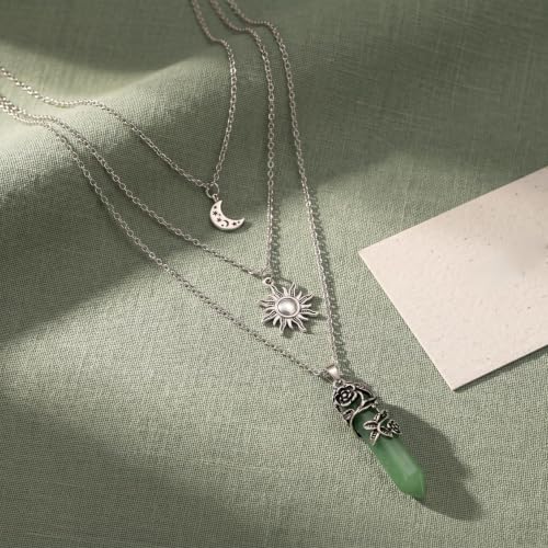 Gothic Emo Grunge Crescent Moon Layered Choker for Women | Boho Moon Sun Star Crystal Pendant Necklace, Punk Witchy Halloween Christmas Jewelry Accessories Gifts - color: Green