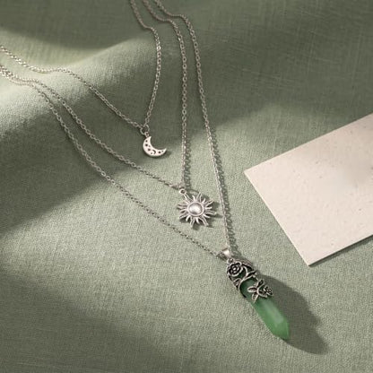 Gothic Emo Grunge Crescent Moon Layered Choker for Women | Boho Moon Sun Star Crystal Pendant Necklace, Punk Witchy Halloween Christmas Jewelry Accessories Gifts - color: Green
