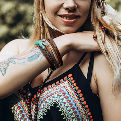 Sanfenly Leather Wrap Bracelets for Women,Boho Wrap Bracelets Leather Cuff Bangle Beads Bracelets Stackable Western Bracelets Jewelry for Women (Gold/Black/Gray/Turquoise) - color: Turquoise Leather