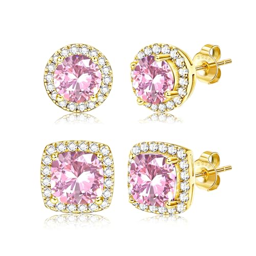 18K Gold Plated Halo Stud Earrings 925 Sterling Silver Cubic Zirconia Stud Earrings Round Square Diamonique Stud Earrings Set for Women Men - color: Gold&Pink