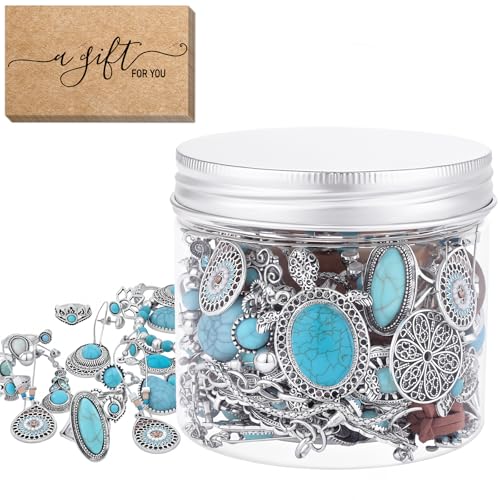 88 Pcs Mystery Jewelry Jar for Women, Boho Turquoise Surprise Jewelry Box with Necklaces Bracelets Rings Earrings and Belt Chain, Multi Style Alternative Romantic Present for Her Party - color: Turquoise