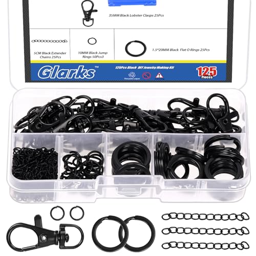 Glarks 125pcs Black Keychain Making Kit, Keychain Craft Supplies Including Key Chain Clips with Chains, Lobster Claw Clasps, Key Rings and Jump Rings for Jewelry Craft Making - color: Black