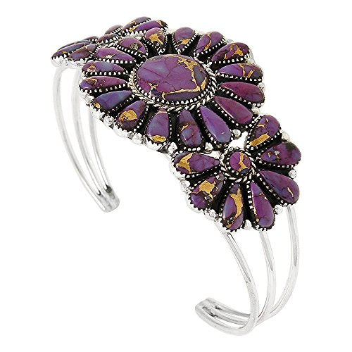 Southwest Style Genuine Gemstones 925 Sterling Silver Cluster Bracelet - color: Purple Turquoise