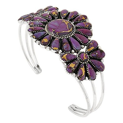 Southwest Style Genuine Gemstones 925 Sterling Silver Cluster Bracelet - color: Purple Turquoise