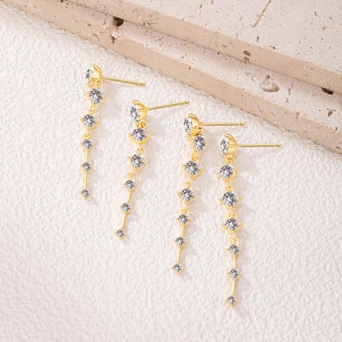 2 Pairs Long Diamond Dangle Tassel Earrings for Women | 14K Gold Silver Plated, Dainty Diamond Crystal Drop Earring, Small Cz Statement Dangly, for Wedding Bridesmaid, Jewelry Gifts - color: 2 Pairs Gold