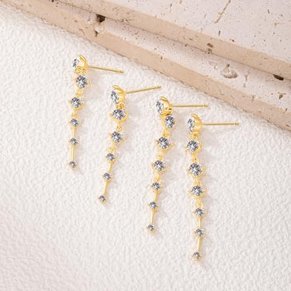 2 Pairs Long Diamond Dangle Tassel Earrings for Women | 14K Gold Silver Plated, Dainty Diamond Crystal Drop Earring, Small Cz Statement Dangly, for Wedding Bridesmaid, Jewelry Gifts - color: 2 Pairs Gold
