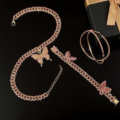 3 Pcs Butterfly Cuban Jewelry Set Cuban Link Chain Necklace for Women Rhinestone Pendant Necklace Bracelet Large Hoop - color: Pink, Gold, style: Classic