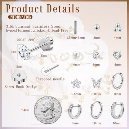 Stainless Steel Stud and Hoop Earrings Sets for Ear Stacks | Choose gold or silver pearl studs, CZ studs, flat backs, butterfly backs, hoops and multi-pair ear stack sets. - color: 12 Pairs 20G Silver
