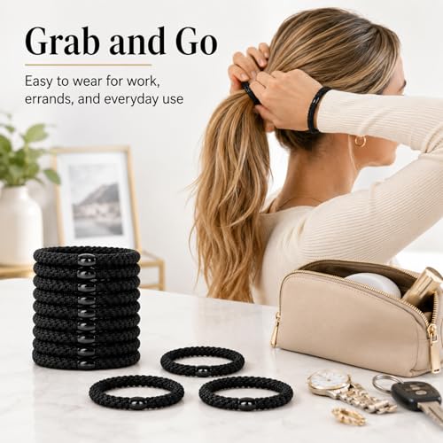 10-Piece Hair Ties: Soft Knitted Hair Tie for Thick/Coarse/Curly Hair. Gentle Hair Ties No Damage—Secure & Protect Strands (Black) - color: Black