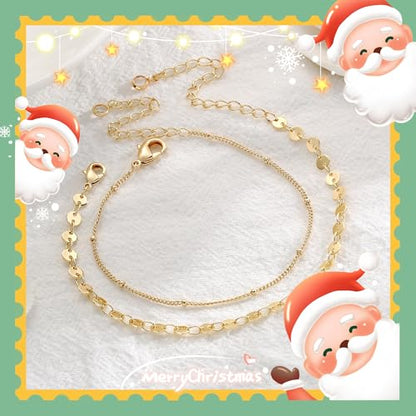 Dainty Gold Bracelets for Women, 14K Gold Plated Adjustable Layered Beads Bracelet Cute Evil Eye Oval Chain Pearl Bar Turtle Gold Bracelets for Women Jewelry - style: Coin Beads Chain