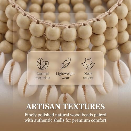 Coiris Boho African Wooden or Acrylic Beaded Bib Statement Necklace Strands Layered Cluster Chunky Collar Choker Wood Necklace for Women Fashion Costume Jewelry - color: N0065-Off White+Shell