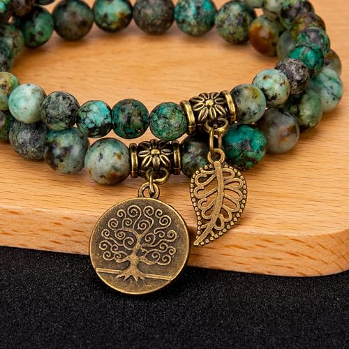 Bivei Natural Semi Precious Gemstone beads bracelet for women - Life Tree and Leaf Charm Energy Reiki Crystal Stretch Bracelets - color: African Turquoise Bracelet Set, size: Small:6.61-6.7inch
