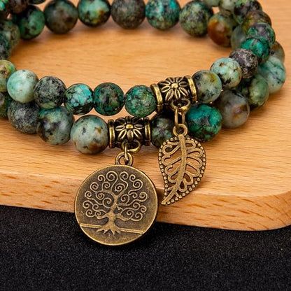 Bivei Natural Semi Precious Gemstone beads bracelet for women - Life Tree and Leaf Charm Energy Reiki Crystal Stretch Bracelets - color: African Turquoise Bracelet Set, size: Large:7.87-8.26inch