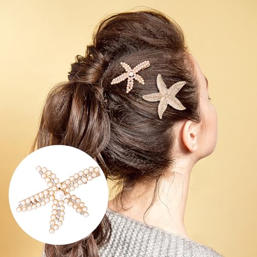 PAGOW 3 PCS Starfish Hair Clips, 3 Styles Gold Rhinestone Pearls Hair Clips, Faux Pearl Crystal Sea Star Wedding Headpiece Hair Accessories For Women Bride - color: 3pcs-gold,style3