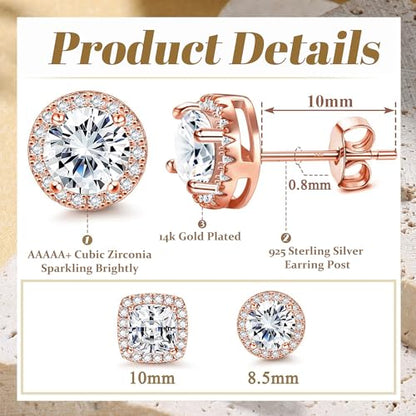 18K Gold Plated Halo Stud Earrings 925 Sterling Silver Cubic Zirconia Stud Earrings Round Square Diamonique Stud Earrings Set for Women Men - color: Rose Gold&White