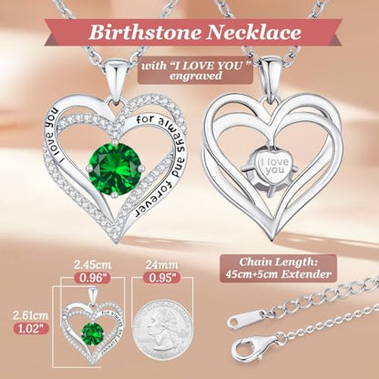 CDE Engraved Forever Love Heart Birthstone Necklace Jewelry Gifts for Women | Hypoallergenic,Nickel-Free & Lead-Free,3 x 3 mm 5A CZ Heart Pendant,Anniversary Christmas Birthday Gift for Girlfriend Wife - color: 05-May-WG, style: White Gold Plated