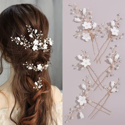 Rhinestone Pearl Hair Pins, 6 Pcs 3D Pinch White Flower Bridal Handmade Sparkling Fairy Bride Wedding Hair Pieces Leaf U Shaped Hair Accessories Headpiece Bridesmaids Women Girls Gold - color: Gold / Rhinestone White Flower