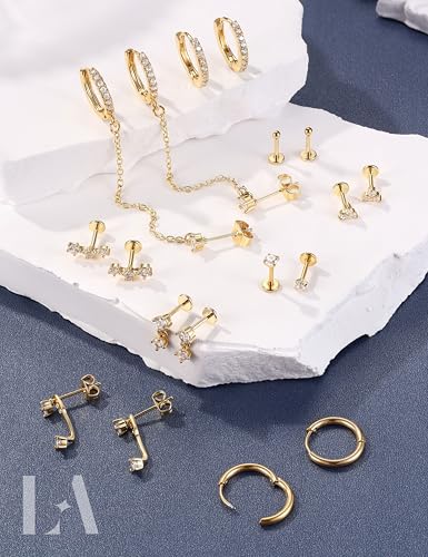 LOLIAS Hypoallergenic Gold Threadless Flat Back Stud Earrings for Women | 20G 18G 16G Surgical Steel Earrings Push in Nose Studs CZ Cartilage Earring Set Labret Helix Tragus Conch Piercing Jewelry - color: 14K Gold, size: 20G(0.8MM)-CZ