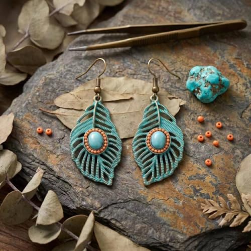 Boho Turquoise Dangle Earrings For Women Trendy,Western Blue Gemstone Drop Earings,Vintage Gothic Ethnic Statement Beach Vacation Long Birthstone Earrings with Leaf Teardrop Turquoise Crystal Tassels,Fashion Jewelry Birthday Gift. - style: A3 Feather Turq