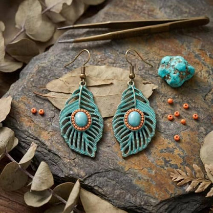 Boho Turquoise Dangle Earrings For Women Trendy,Western Blue Gemstone Drop Earings,Vintage Gothic Ethnic Statement Beach Vacation Long Birthstone Earrings with Leaf Teardrop Turquoise Crystal Tassels,Fashion Jewelry Birthday Gift. - style: A3 Feather Turq