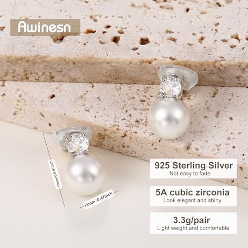 Awinesn Pearl Clip on Earrings for Women 14K Gold Silver Plated Pearl Earrings Cubic Zirconia Non Pierced Earrings for Women Jewelry Gifts Wedding Party - color: CZ-silver-12mm