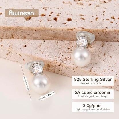 Awinesn Pearl Clip on Earrings for Women 14K Gold Silver Plated Pearl Earrings Cubic Zirconia Non Pierced Earrings for Women Jewelry Gifts Wedding Party - color: CZ-silver-12mm