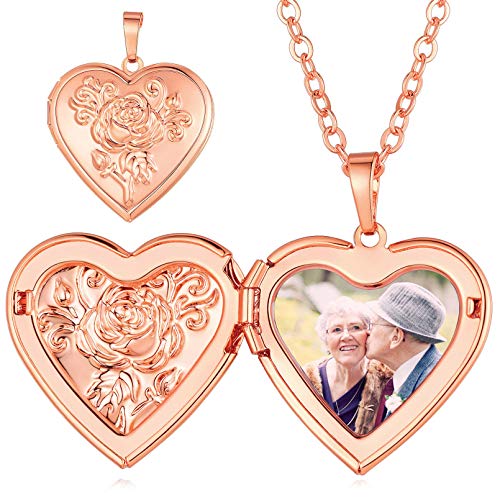 Custom4U Personalized Heart Locket Necklace with Pictures,Sunflower/Angel Wings/Heart Shaped Lockets Custom Photo,Gold/Rose Gold/White Lockets That Holds Picture,Customized Memorial Jewelry for Women - color: C-Heart-Rose Gold(Locket + Photo + Engraving)