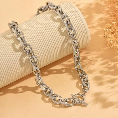 Chunky Gold Necklace for Women, 18K Gold Plated Paperclip, Figaro Link Chain Necklace, Toggle Clasp Necklaces, Trendy Non Tarnish Jewelry, Christmas Gifts - style: 10mm Cable Toggle 16.5''-White Gold