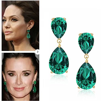 Teardrop Crystal Drop Earrings for Women, 14K Gold Plated Large Double Teardrop Dangle Earrings,Rhinestone Earrings for Wedding Prom Bridesmaid Party,Emerald/Red/Blue/Black/Pink/White Statement Earrings - color: Jade Green