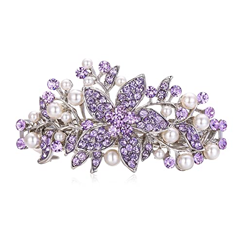 EVER FAITH Austrian Crystal Bridal Hibiscus Flower Leaf Cream Simulated Pearl Hair Clip Barrette Purple Silver-Tone - color: Purple Silver-Tone