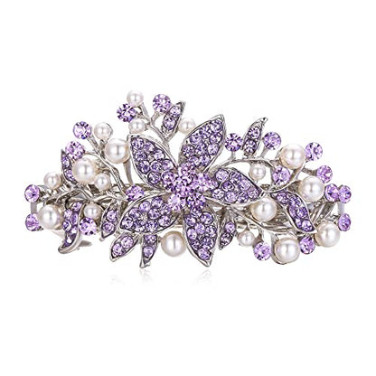 EVER FAITH Austrian Crystal Bridal Hibiscus Flower Leaf Cream Simulated Pearl Hair Clip Barrette Purple Silver-Tone - color: Purple Silver-Tone