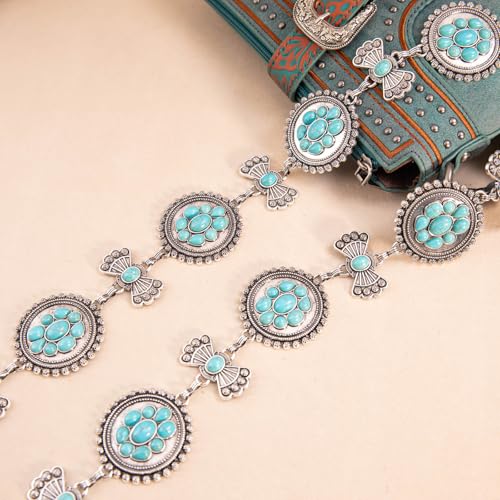 Montana West Rustic Couture's Turquoise Western Concho Chain Belt for Women | Large Western Cowgirl Metal Adjustable Boho Body Chain Belt for Dresses Jeans Country Concert - color: Turquoise