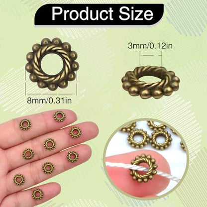 BronaGrand 100pcs 8mm Spacer Beads Tibetan Alloy Bead Spacers for DIY Necklace Bracelets Crafting,Gear-Shaped - color: Bronze