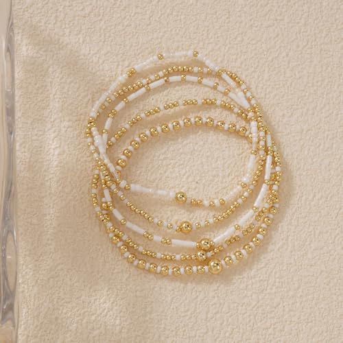 14K Gold Plated Beaded Bracelets Stack Set for Women,Stretch Boho Ball Jewelry Friendship Trendy - color: White