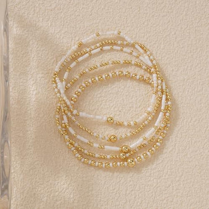 14K Gold Plated Beaded Bracelets Stack Set for Women,Stretch Boho Ball Jewelry Friendship Trendy - color: White