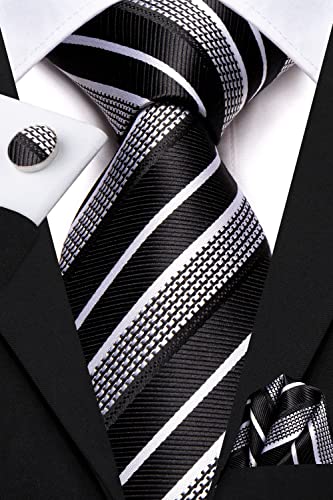 Hi-Tie Men 63inches Tie Set Extra Long Necktie Paisley Tie Pocket Suqare Cufflinks Big and Tall Men Tie - color: Black Grey Silver
