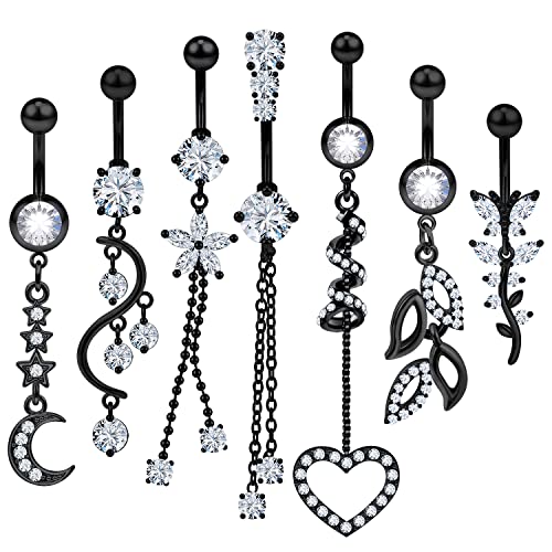 7PCS 14G 10mm Stainless Steel Dangle Belly Button Rings for Women Belly Piercing CZ Inlaid - style: Black-B