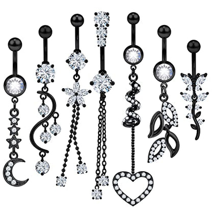 7PCS 14G 10mm Stainless Steel Dangle Belly Button Rings for Women Belly Piercing CZ Inlaid - style: Black-B
