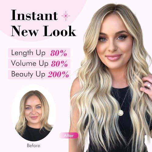 REECHO Blonde Hair Extensions, 20” One Piece Clip in Hair Extensions Thick Long Beach Wavy Natural Soft Synthetic Hairpieces for Women, Ash Blonde with Highlights - color: Ash Blonde with Highlights - Wavy, size: 20 Inch (Pack of 1)