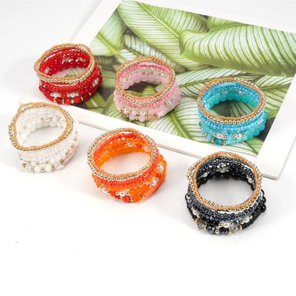 7Pcs Bohemia Multilayer Stackable Crystal Beaded Bracelet Set Multicolor Surfer Heishi Clay Gold Beaded Friendship Stretch Bracelets for Women Men Summer Beach Boho Vacation Jewelry Gifts - color: Z-White