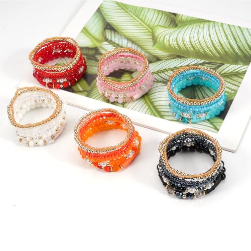 7Pcs Bohemia Multilayer Stackable Crystal Beaded Bracelet Set Multicolor Surfer Heishi Clay Gold Beaded Friendship Stretch Bracelets for Women Men Summer Beach Boho Vacation Jewelry Gifts - color: Z-Orange