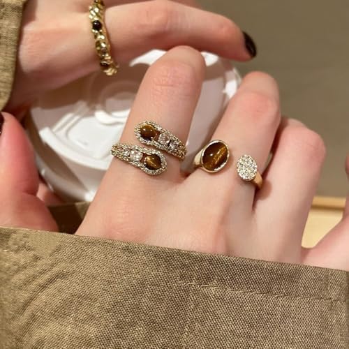 Tiger's Eye & Crystal Stackable Open Ring Adjustable Gold Tone Boho Statement Rings for Women - color: Gold 02