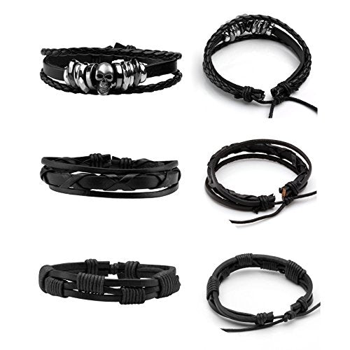 MILAKOO 6Pcs Punk Leather Bracelets for Women Men Braided PU Wristband Skull Skeleton Accessories - color: B: Black&Brown