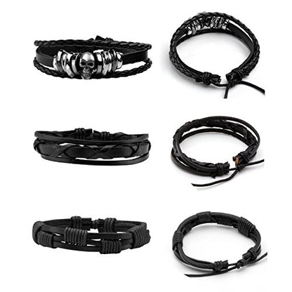MILAKOO 6Pcs Punk Leather Bracelets for Women Men Braided PU Wristband Skull Skeleton Accessories - color: B: Black&Brown