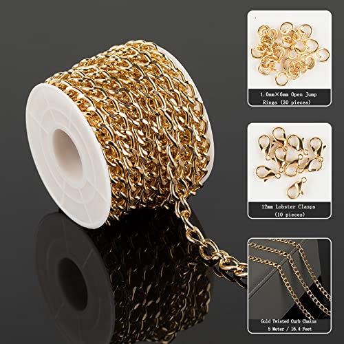 16.4 Feet Twisted Curb Chain Links Gold Plated Aluminum Bracelet Necklace Chain Bulk for DIY Craft Jewelry Making with Lobster Clasps and Jump Rings - color: 7×10mm-Gold