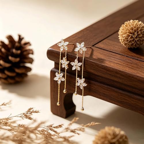 14K Gold Plated CZ Flower Dangle Earrings for Women, Sparkly Cubic Zirconia Long Tassel Drop Earrings, Bridal Wedding Jewelry - color: E:Flower earrings
